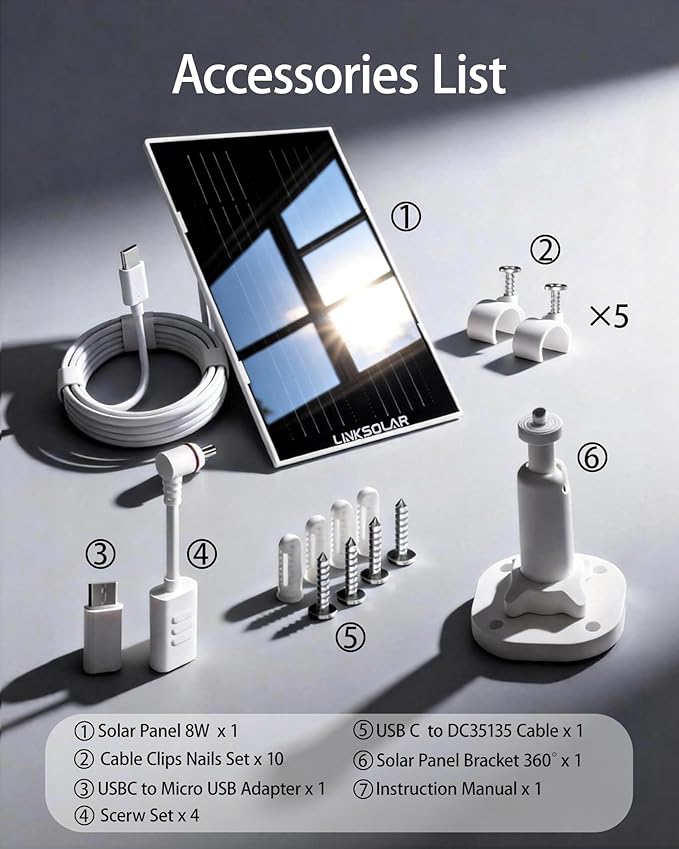 Solar Panel for Ring Security Camera Doorbell Outdoor 8W Solar Panels Charger with Micro USB DC &amp USB-C Port for Rechargeable Battery Camera IP65 9.8ft Cable 360°Adjustable Bracket