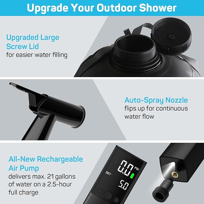 DR.PREPARE Portable Shower for Camping 4 Gallons/15L Camping Shower Bag Portable Outdoor Shower with Rechargeable Pump for Camping Beach Hiking Climbing Pet Cleaning