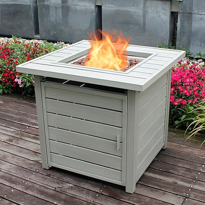 OutVue 28 Inch Propane Fire Pit Table Outdoor Gas Fire Pits with Lid &amp Lava Rock 50000 BTU Firepit for Dinning Party in Outside Patio Garden or Yard (Light Grey)