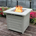 OutVue 28 Inch Propane Fire Pit Table Outdoor Gas Fire Pits with Lid &amp Lava Rock 50000 BTU Firepit for Dinning Party in Outside Patio Garden or Yard (Light Grey)