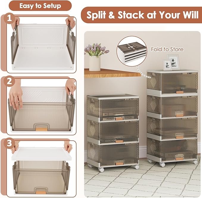 Giantex 4 Tier Stackable Storage Bins with Lids 18 GalFoldable Shoe Storage Box with Detachable Wheels &amp Flip-Up Doors Collapsible Closet Organizers and Storage Bins