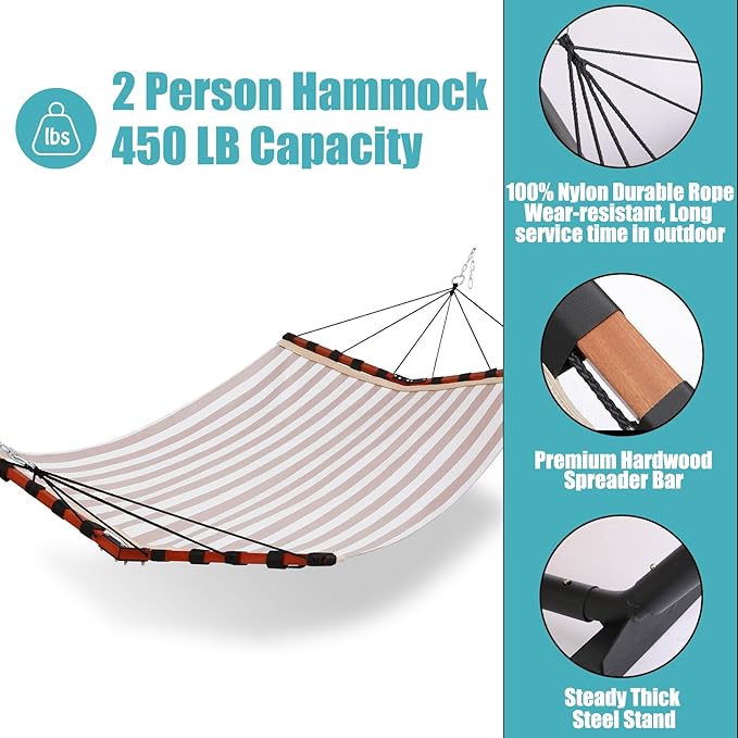 TegerDeger 12FT 2 Person Hammock Large Hammock Quick Dry 450LB Capacity with V Shaped Hardwood Spreader Bar &amp Nylon Rope for Outside Patio Garden Backyard Beach Poolside - Beige Stripes