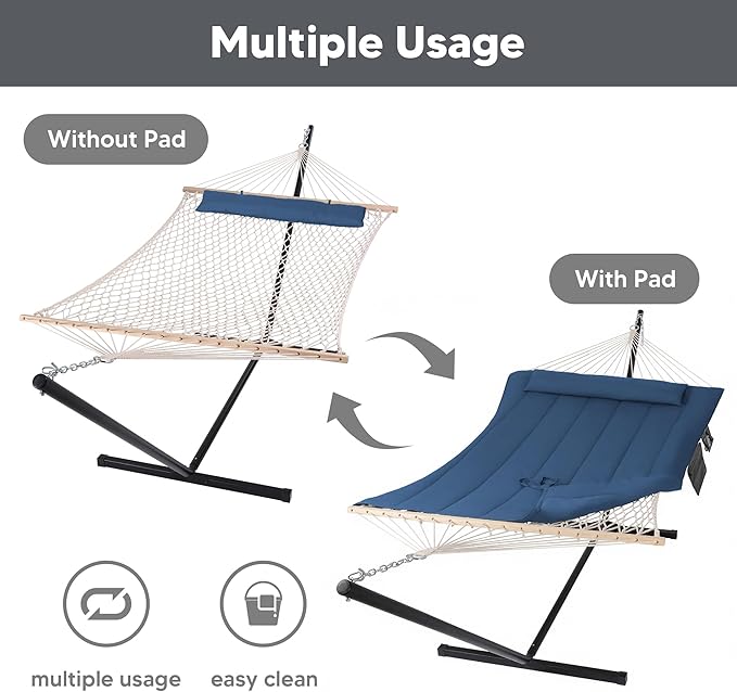 SUNCREAT Double Portable Rope Hammock with Stand Included Outdoor Two Person Hammock with Polyester Pad Navy