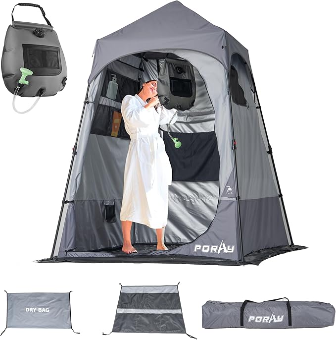 Camping Shower Tent Deluxe Changing Room Easy Set Up Privacy ShelterLarge Toilet Tent with Floor Drain Design for Beach CampingHiking with Stakes and Ropes for Stability