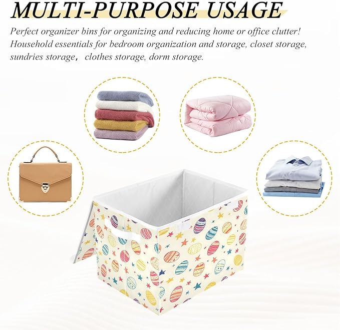 Doodle Easter Egg Pattern Foldable Storage Baskets Fabric Boxes with Handle Organizers with Flip-Top Lids Storage Bins for Home Bedroom Office