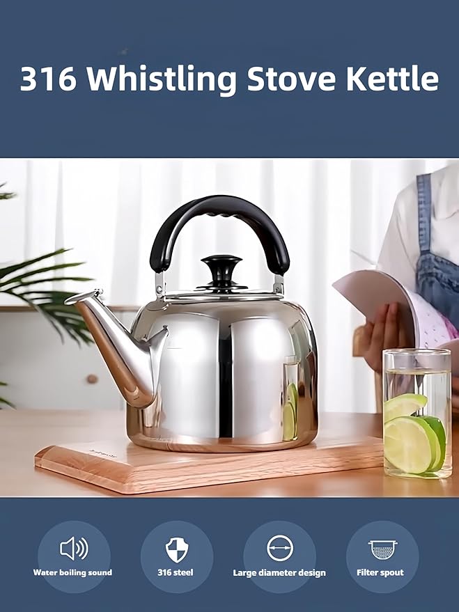 Whistling Stovetop Tea KettleFood Grade 316 Stainless SteelHot Water Fast to BoilStovetop Kettle with Ergonomic Handle4.2 Quart Capacity