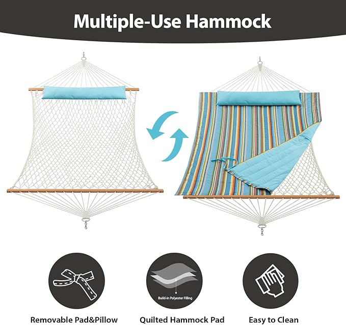 CHULIM Outdoor Double Hammock with Hardwood Spreader Bars Large Rope Hammock with Polyester Pad and Pillow 475 LBS Capacity for 2 Person Patio Backyard Poolside - Bule Stripe