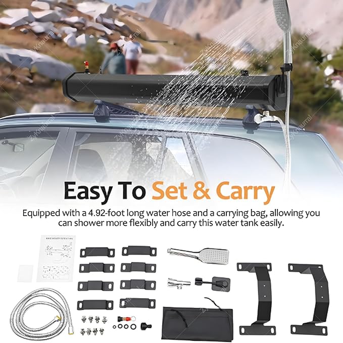 Portable Car Camping Shower Kit Roof Rack Mount Overlanding Off Terrain Pressurized Shower Water Tank 18l/20l/30l Large CapacitySelf-Pressurizedfor Camping Off-Road18L/4.76Gal