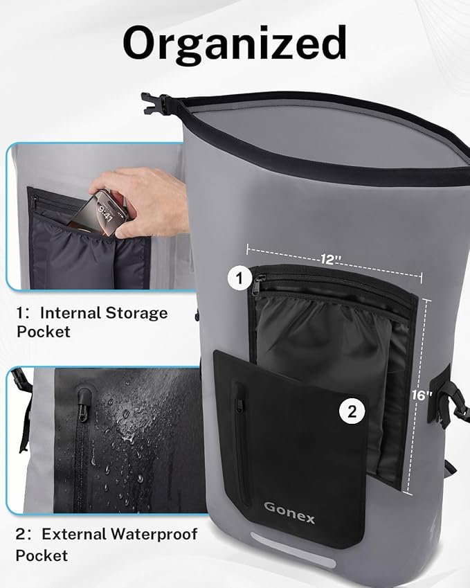 Gonex Ultralight Waterproof TPU Backpack 35L Roll Top Dry Bag with Comfortable Padded Back Panel for Kayaking Boating Camping Fishing TravelGrey