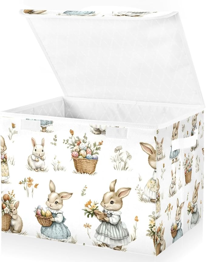 senya Easter Baskets Collapsible Storage Bins with Lids Rabbit Flower Grass Pattern Storage Boxes Clothes Baskets for Organizing