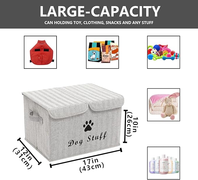 Dog toy box with lid dog storage organizer perfect basket for dog toys living room playroom closet home organization and storage - Gray Stripe