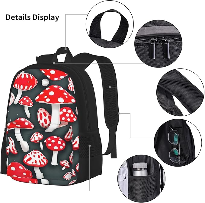 Red White Mushroom Backpack With Lunch Box 3 In 1 Set With Pencil Case Large Capacity Backpack With Chest Strap