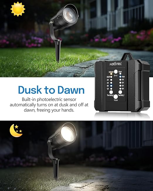 HIBOITEC Low Voltage Landscape Lighting 1200LM 12W with Connectors 100W Transformer Photocell Sensor and Timer Spotlights Landscape Lights Kit IP65 Waterproof 5000K for House Yard Trees Garden 8 Packs