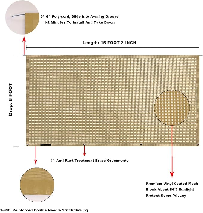 Tentproinc RV Awning Sun Shade Screen 8' X 15' 3'' (Fit for 16' Awning) Mesh Screen Sunshade for RV Awning Sunscreen Motorhome Camping Trailer Awning Screenshade UV Blocker - 3 Year Warranty (Beige)