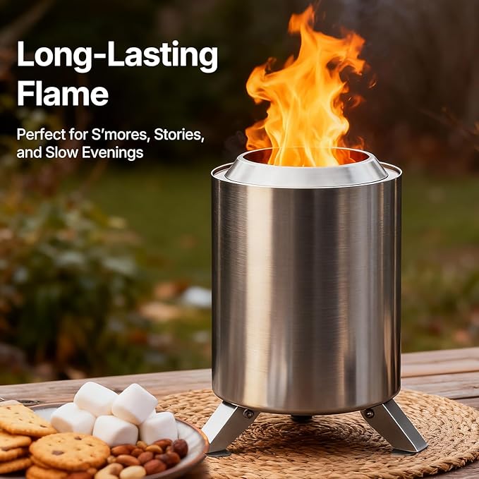 7 Inch Tabletop Fire Pit Smokeless Mini Firepit with Stand Portable Wood &amp Pellet Firepit for Camping Indoor &amp Outdoor &amp Backyard Forks Spoon &amp Travel Bag Included Stainless Stee