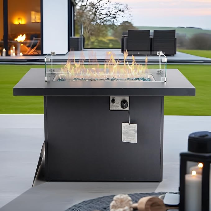 BULEXYARD 43 Aluminum Propane/Natural Gas Fire Pit Table 60000 BTU Rectangle Outdoor Patio Firepit Table with Cover Lid &amp Wind Guard Modern CSA-Certified Fireplace for Outside Patio Dark Gre