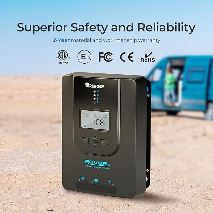 Renogy Charge Controller-Rover 30A MPPT 12V/24V Auto-Detect LCD Display | 99.9% Efficiency for Gel/Flooded/Lithium Batteries | Dual-Peak Tracking &amp Modbus Support (30A 12V/24V)