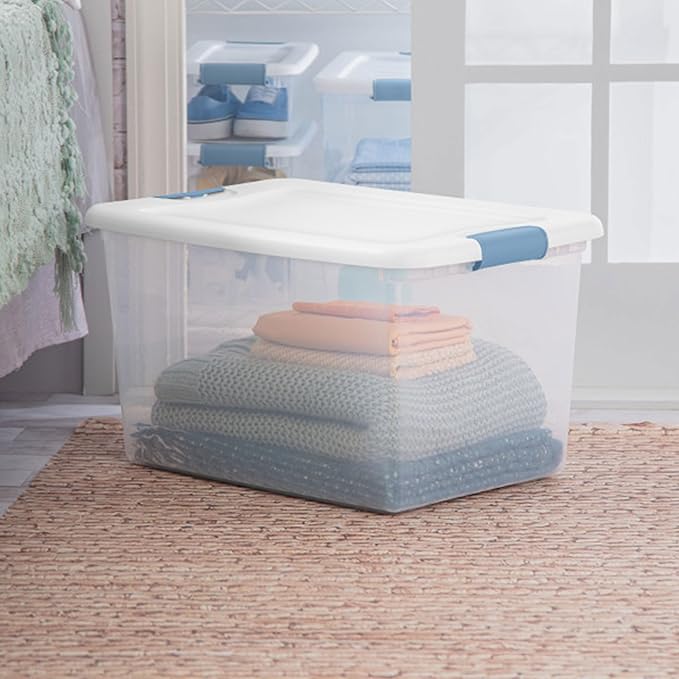 Sterilite 12 Pack Latching Box Under Bed Storage Bins with Lids Clear Plastic 64 Quart - Heavy-Duty Organizing Containers for Closet Bathroom and Office