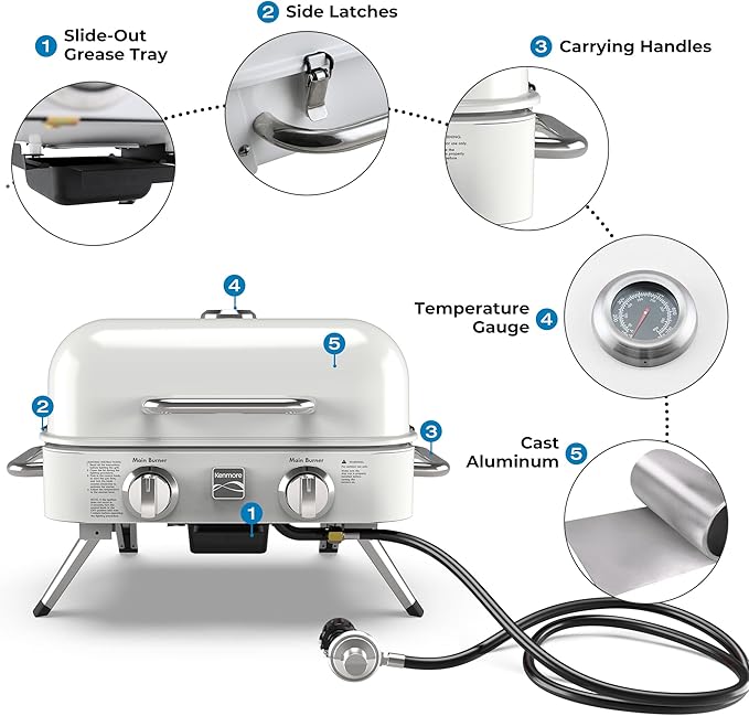 Kenmore Portable Propane Gas Grill - Tabletop BBQ Grill with Warming Rack 2 Stainless Steel Burners with 14000 BTUs for Outdoor Kitchen Camping Pearl