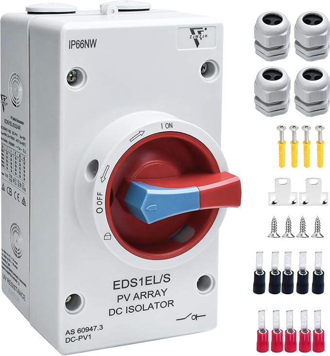 Solar Disconnect Switch 4-Pole DC1500 32A Isolator Solar Switch with Enclosure for Rooftop Solar Systems RVs and Boat Waterproof IP66 Red