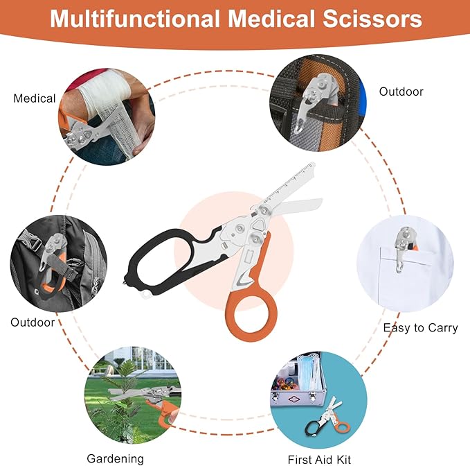 Lemasa6 in 1 6 in 1 trauma shears Folding Retractable Emergency Shears Outdoor Camping Tools Seat Belt Cutter Oxygen Cylinder Wrench Complimentary Adjustable Wrench (Black Orange)