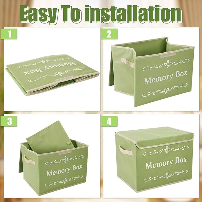 LemonRoad 2Pcs Memory Box Keepsakes for Kid Memory Decorative Storage Box Bin with Lid for Baby Wedding Travel Birthday Anniversary Precious Milestones Gift Loved Ones Treasured 16x12x12'' (Green)