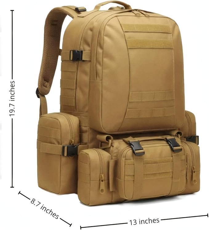 Military Tactical Backpack for Men 60L Waterproof Bug Out Bag Survival Rucksack Go Bag Emergency Molle System Army 3 Day Assault Pack for Hiking Hunting Camping Tan