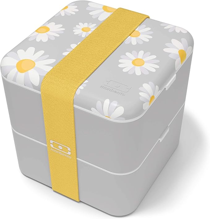 monbento - Large Bento Lunch Box MB Square Daisy with 2 Compartments - 57 oz -3 Leakproof Lunch Box for Work/Picnic/Meal Prep - BPA Free - Microwave &amp Dishwasher Safe - Flowers Pattern - Grey