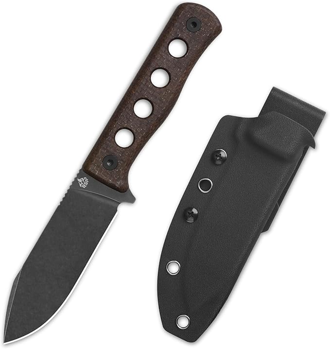 QSP Canary Fixed Blade Knife 4.25 DC53 Black Stonewash Blade Hunting Knives with Kydex Sheath Dark Brown Rough Micarta Handle EDC Knife for Camping Outdoor Hiking Survival