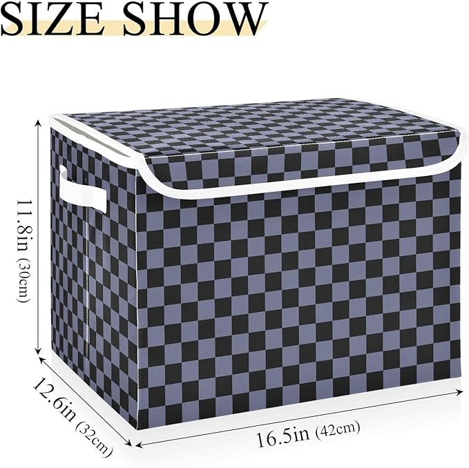 Grey Black Checkerboard Storage Baskets Lidded Bin Foldable Storage Boxes Cubes Lids with 2 Handles for Organizing Closet Home Office