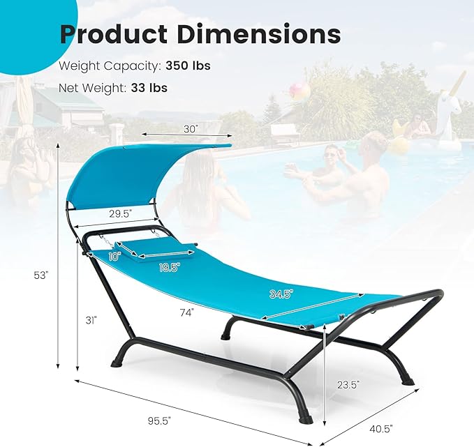 Tangkula Hammock with Stand Included Heavy Duty Outdoor Hammock with Adjustable Canopy Rustproof Metal Stand Pillow Storage Pocket Hammock Bed with Stand for Backyard Lawn Poolside (Blue)