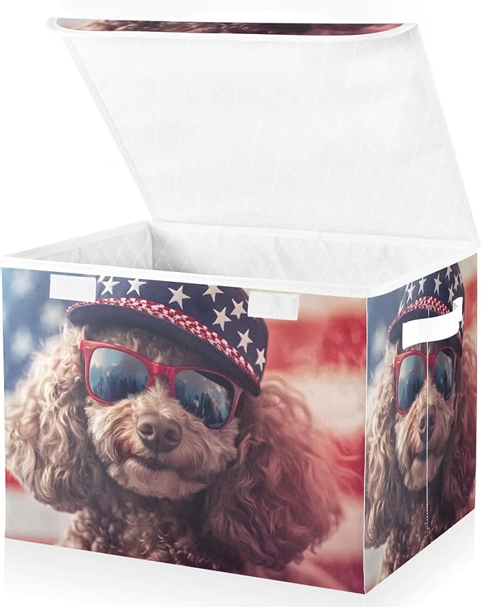 Storage Cube with Lid American Dog Print 16.5×12.6×11.8 IN Collapsible Large Capacity Foldable Storage Basket Bin Organizer