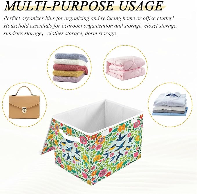 Storage Bins With Lid Stackable Fabric Closet Organizer Clothing Storage Large Boxes For Closet Shelves Bedroom Birds Plants Green