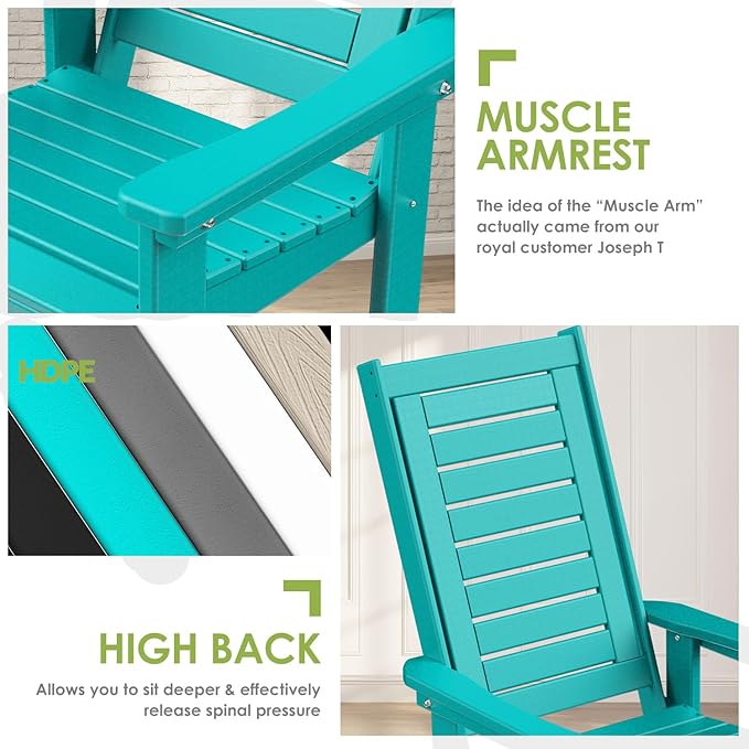 GREENVINES Outdoor Rocking Chairs | Set of 2 | Porch Rocker | HDPE Plastic | Aqua | Oversized Rockers | High Back | Big &amp Tall | Ladder Back | for Patio Outside Backyard Balcony Garden
