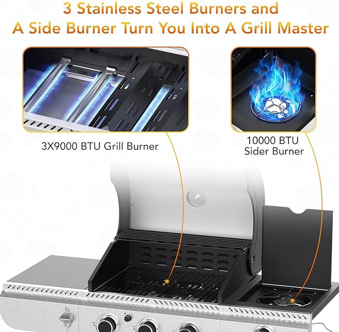 3-Burner Propane Gas Grill with Side BurnerStainless Steel BBQ Grill with Porcelain-Enameled Cast Iron Grates37000 BTU Barbecue Grill Suitable for PatioCampingOutdoor Cooking