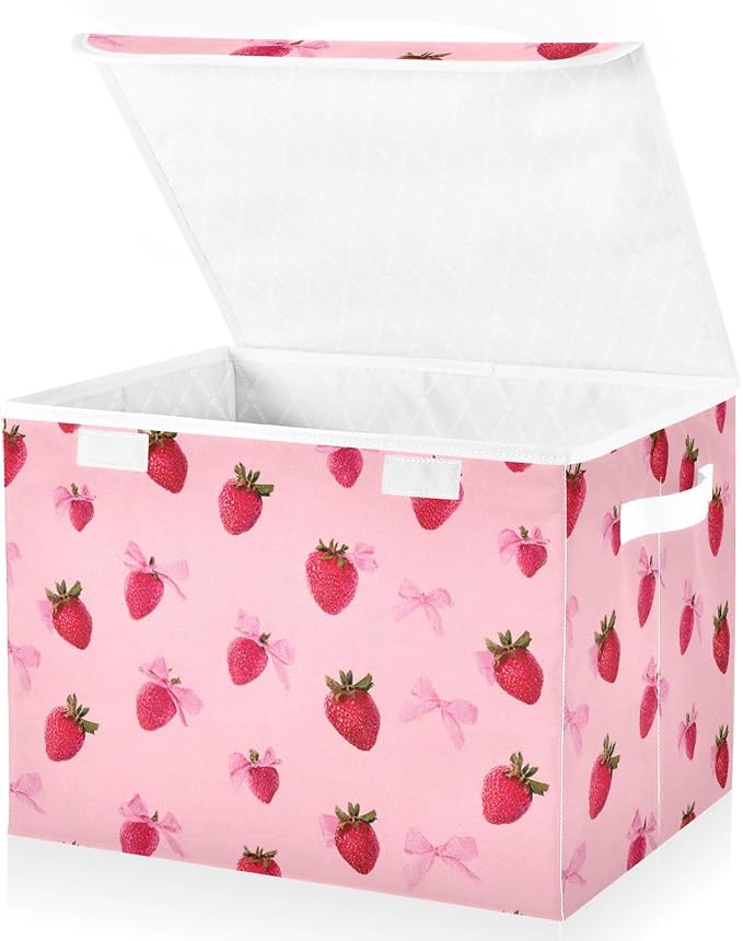 Collapsible Storage Bins with Lids Decorative Fabric Storage Cubes Closet Organizer and Storage Basket Boxes Containers for Clothes Box Chest Nursery Folding Rectangle Red Strawberry Bows