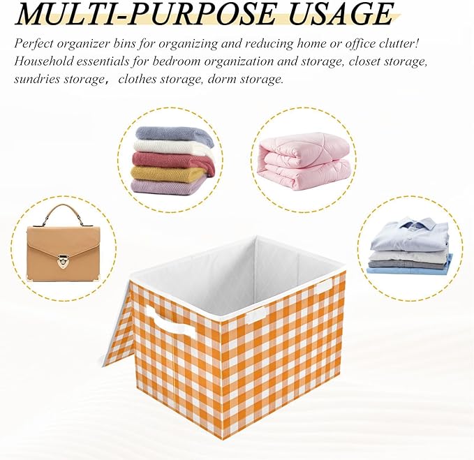Orange Gingham Checkered Storage Box with Lid 1 PC Foldable Storage Bin with Lids Stackable Storage Bins Cube Closet Organizer Basket with Flip-Top Lid &amp Handles for Shoes Books Towels