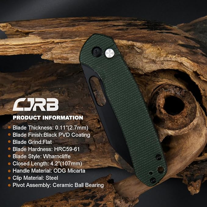 CJRB Pyrite-Alt (J1925A) Folding Pocket Knife with 3.11'' Black PVD AR-RPM9 Wharncliffe Blade Dark Green Micarta HandleButton Lock EDC Knife with Thumb Hole for TacticalOutdoorHiking and Gift