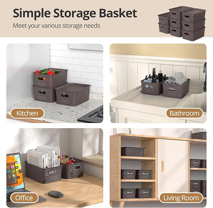 Plastic Storage Basket with Lid Stackable Small Box Bins for Organizing and Containers for Shelves Drawers Desktop Closet Playroom Pantry Classroom Office Home 8 Pack 10.2x7.2x4.1 Inch Brown