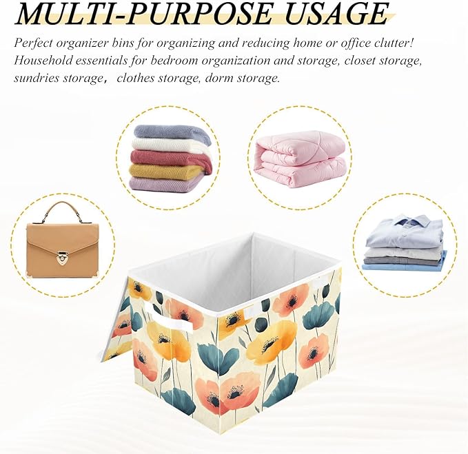 AIXIWAWA Lidded Storage Cube (Pattern Floral) Fabric Foldable Closet Bins with Flip Lid and Handles Organizer Basket Container 16.5 x 12.6 x 11.8 IN