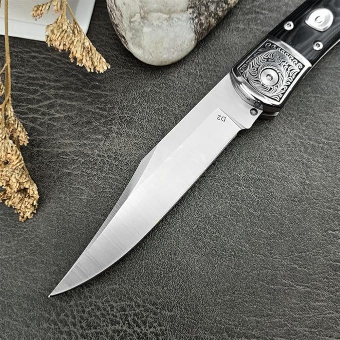 3.35'' High Hardness D2 Steel Blade Mikata Handle Outdoor Pocket Folding Knife Camping Rescue Self Defense Tactical Tool with Leather Sheath