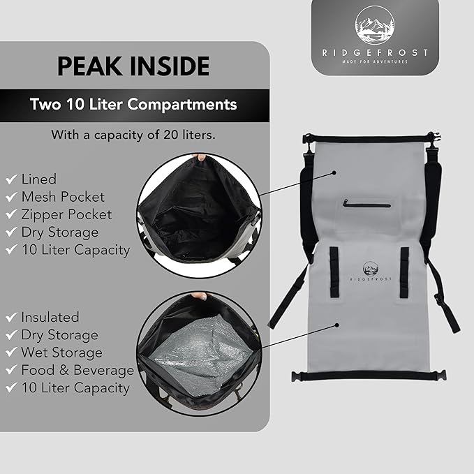 Ridgefrost 20L Dry Bag | Waterproof w/2 Compartments | Dry Bag for Beach &amp More | Lightweight Roll-Top &amp Roll-Bottom backpack