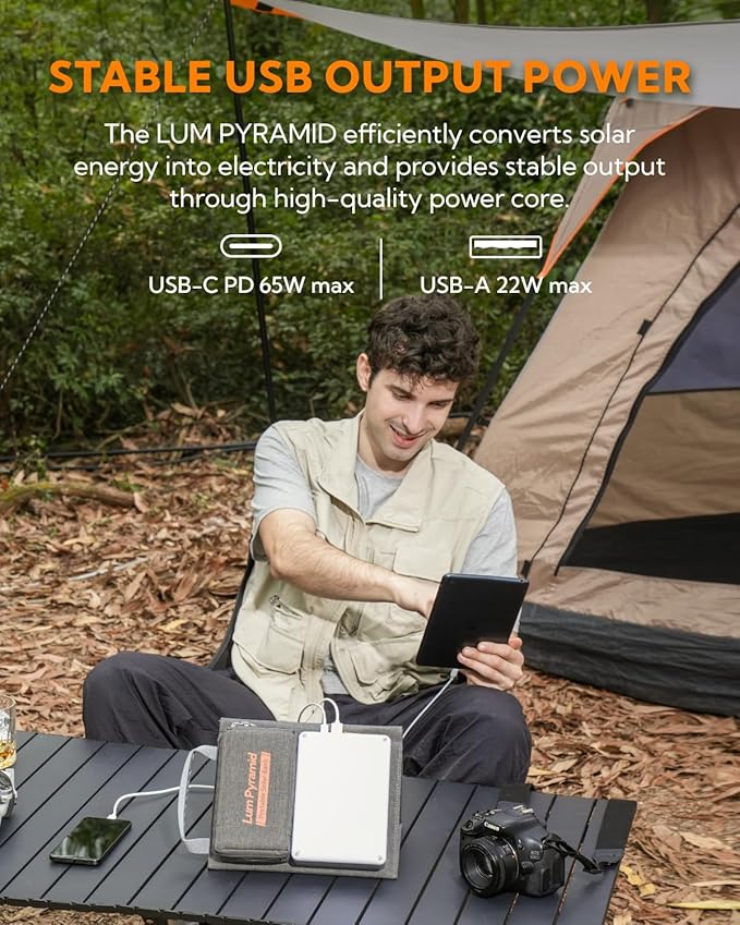 Lumopal Portable Solar Charger 99.9 Wh Battery Bank Equipped with 24W Foldable Solar Panels and 600 Lumen Adjustable LED Camping Light 65W PD USB-C 22W QC3.0 USB A Output for Outdoor
