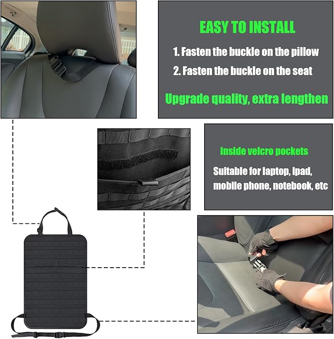 6 Pack Tactical Molle Car Seat Back Organizer Tactical Vehicle Panel with 5 Detachable Molle Pouch for Car Truck Ford Jeep VehicleUS Patch Automotive Organizer For Man (5 Pouches)