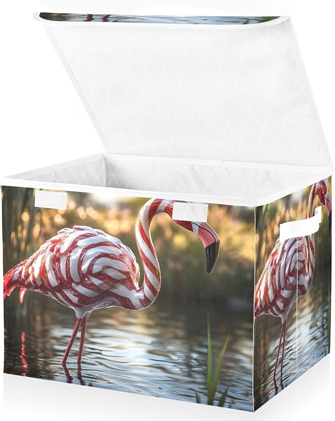 Storage Cube with Lid Flamingo Candy Print 16.5×12.6×11.8 IN Collapsible Large Capacity Foldable Storage Basket Bin Organizer