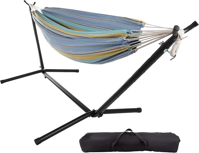 Double Brazilian Hammock with Stand Included - Woven Cotton 2-Person Outdoor Swing with Frame for Camping Backyard or Patio by Pure Garden