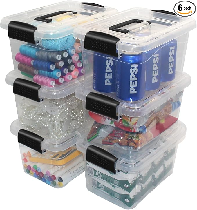 6 Packs Plastic Storage Bins with Lids and Handle 7 Quart Storage Organizer Bins with Black Buckle Lids Stackable Storage Container Clear Plastic Latching Box for Storage Organizing
