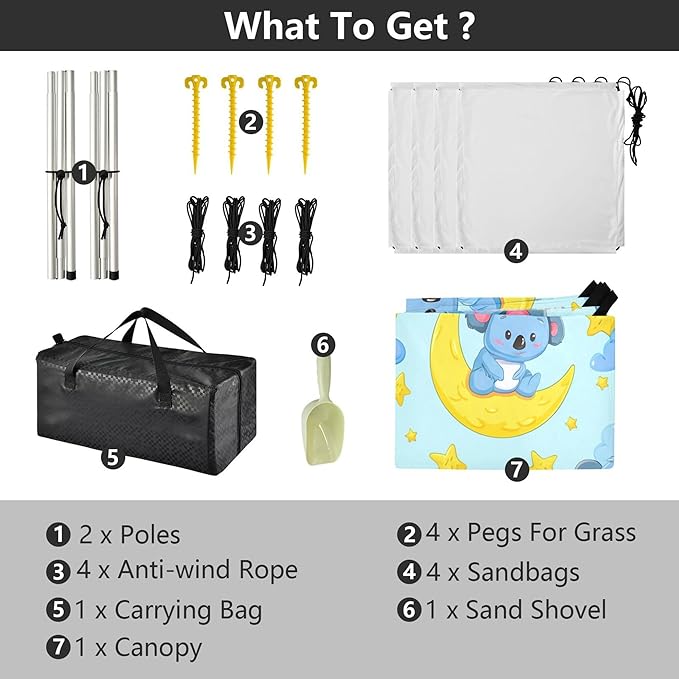 Koalas Beach Canopy Sun Shelter with Sandbags &amp Sand Shovel &amp Windproof Ropes - Portable 110x126 Beach Shade Beach Tent for Camping Picnics
