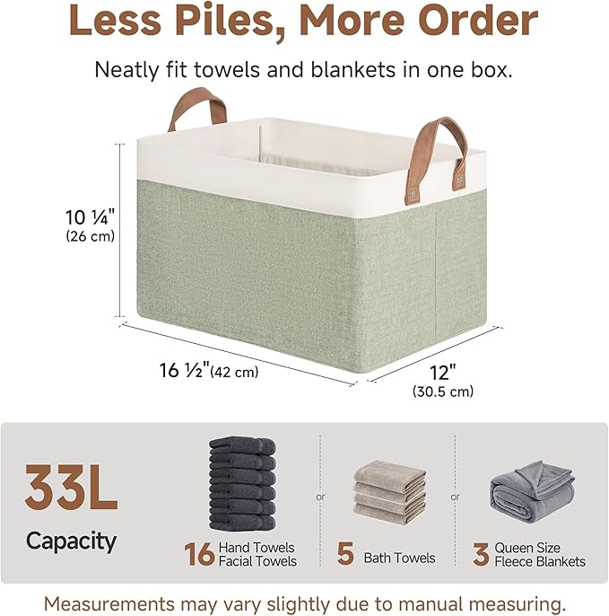StorageWorks Storage Bins Fabric Storage Bins for Shelves Large Storage Baskets with Metal Frame Closet Baskets and Bins with Handles Green and White 2-Pack