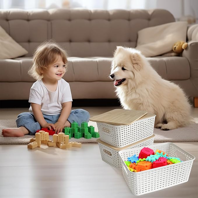 4 Quart Plastic Storage Bin with Bamboo Lid Stackable Small Box Baskets Pantry Decorative Containers for Shelves Closet Pantry Office Home White 6 Pack